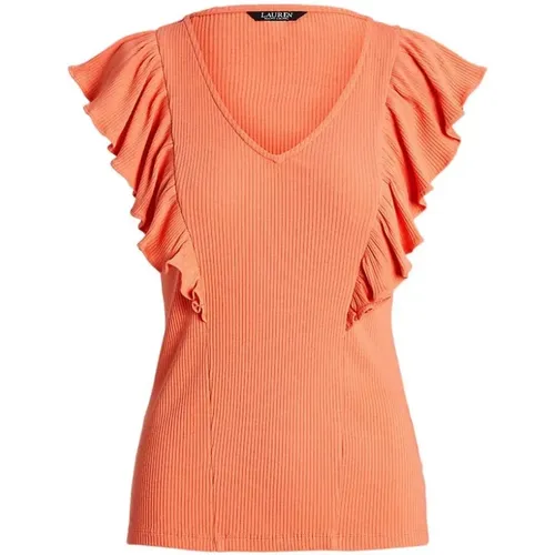 Rüschen V-Ausschnitt T-Shirt , Damen, Größe: L - Ralph Lauren - Modalova