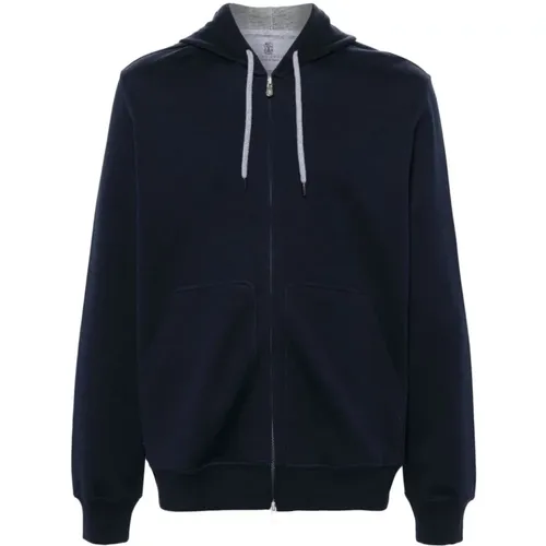 Blauer Kapuzenpullover Jersey Baumwolle Kaschmir Seide - BRUNELLO CUCINELLI - Modalova