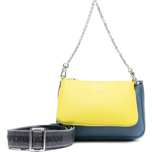Double Denim and Lime Green Mini Bag with Deer Print and Adjustable, Detachable Logo Lettering All Over Shoulder Strap , female, Sizes: ONE SIZE - Emporio Armani - Modalova