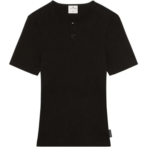Schwarzes Logo-besticktes Geripptes T-Shirt , Herren, Größe: S - Courrèges - Modalova