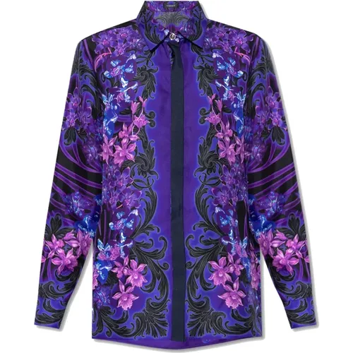 Silk Printed Shirt with Orchidea Barocco Print , female, Sizes: M, S - Versace - Modalova