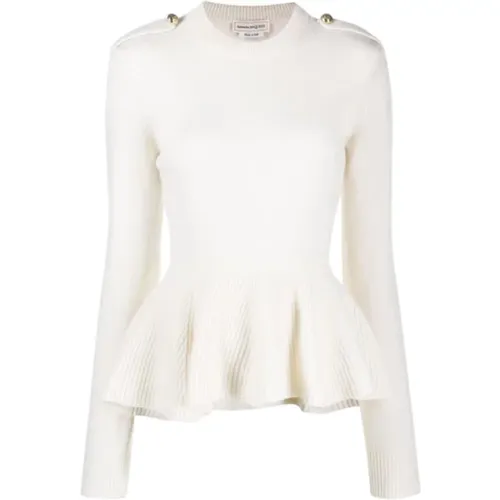 Cream Ribbed Peplum Hem Sweater with Gold Buttons , female, Sizes: L - alexander mcqueen - Modalova