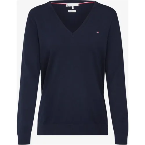 Leichter V-Ausschnitt Pullover - Blau , Damen, Größe: S - Tommy Hilfiger - Modalova