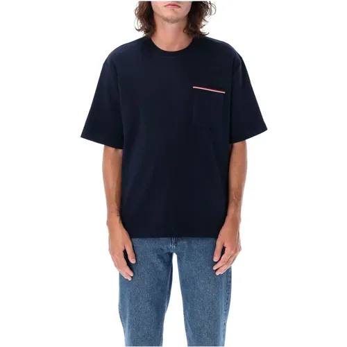 Navy Oversized Taschen T-Shirt,Navy Striped Detail Cotton T-Shirt - Thom Browne - Modalova