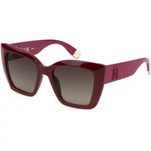 Glänzende Bordeaux Sonnenbrille mit Braunen Verlaufsgläsern , Damen, Größe: 54 MM - Furla - Modalova