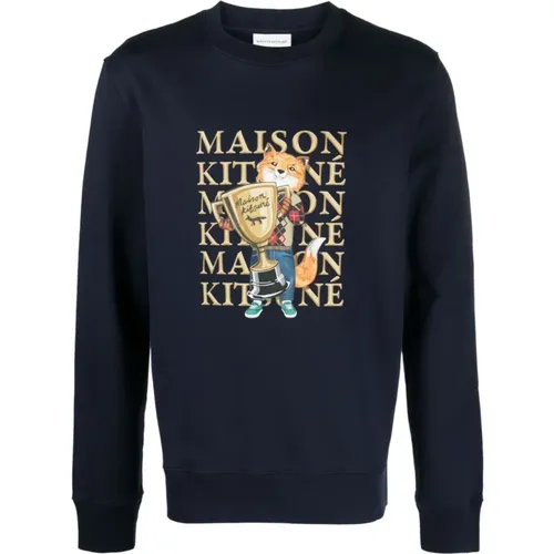 Blauer Sweatshirt mit Logo-Print , Herren, Größe: L - Maison Kitsuné - Modalova