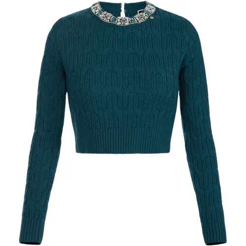 Embroidered Jewel Neck Sweater , female, Sizes: L - Elisabetta Franchi - Modalova