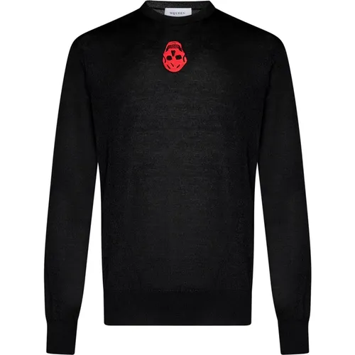 Schwarzer Pullover mit roter Totenkopfstickerei - alexander mcqueen - Modalova