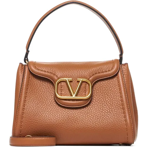 Mandel-farbene Lederhandtasche mit VLogo - Valentino Garavani - Modalova