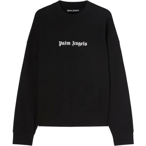 Schwarzer Logo-Print Crew-Neck Sweatshirt,Schwarzer Baumwollpullover mit Aufdruck - Palm Angels - Modalova