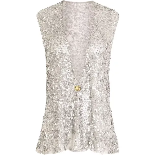 Embroidered Silver Sequin Top , female, Sizes: S - Dolce & Gabbana - Modalova