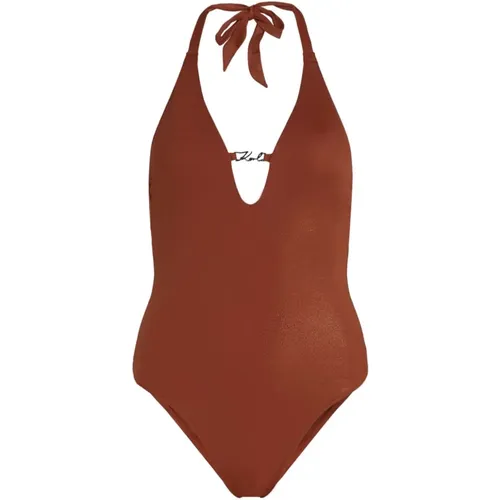 Glänzender Brauner Logo-Badeanzug , Damen, Größe: L - Karl Lagerfeld - Modalova