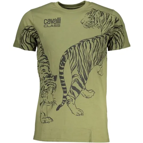 Grünes Baumwoll Logo Print T-Shirt , Herren, Größe: L - Cavalli Class - Modalova