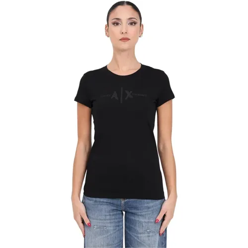 Besticktes Logo Schwarzes T-Shirt , Damen, Größe: L - Armani Exchange - Modalova