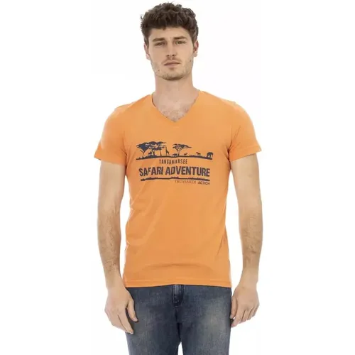 V-Ausschnitt T-Shirt mit Frontprint , Herren, Größe: XL - Trussardi - Modalova