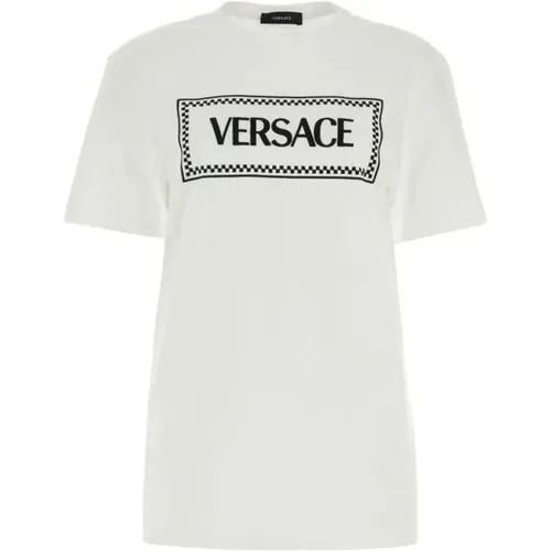 Weiße Baumwoll-T-Shirt mit Logo-Print , Damen, Größe: 2XS - Versace - Modalova