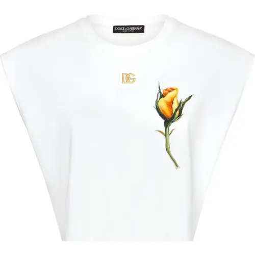 Kurzes T-Shirt mit Rosenapplikation - Dolce & Gabbana - Modalova