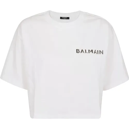 Laminiertes Crop T-Shirt,Cropped T-Shirt mit metallischem Logo - Balmain - Modalova