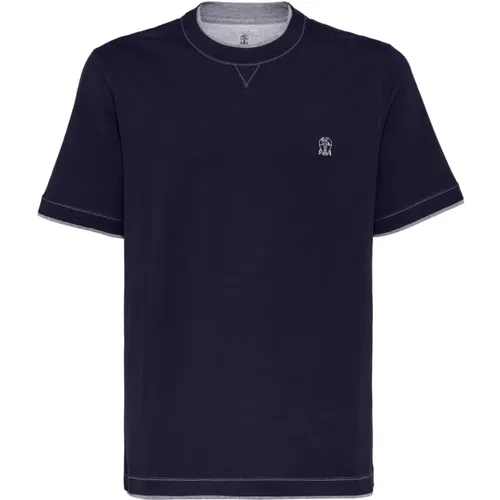 Blau Logo Bestickte T-shirts und Polos , Herren, Größe: XL - BRUNELLO CUCINELLI - Modalova