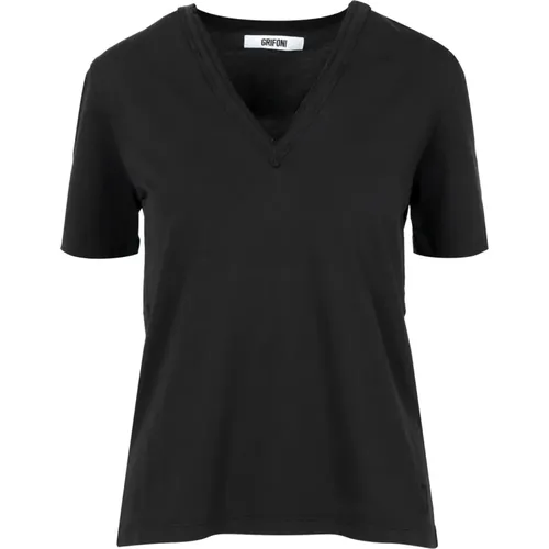 Schwarzes Grifoni V-Ausschnitt T-Shirt , Damen, Größe: L - Mauro Grifoni - Modalova