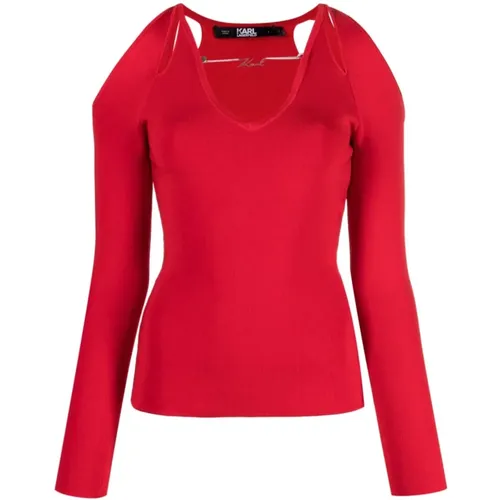 Roter Pullover mit V-Ausschnitt und Cut-Outs , Damen, Größe: L - Karl Lagerfeld - Modalova