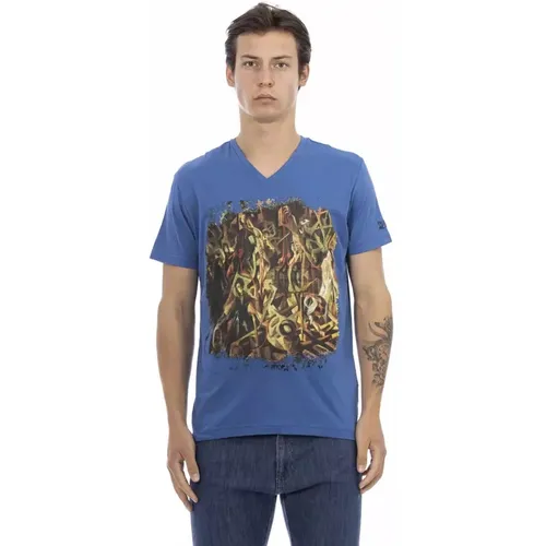 Blaues Baumwoll V-Ausschnitt T-Shirt mit Frontdruck , Herren, Größe: S - Trussardi - Modalova