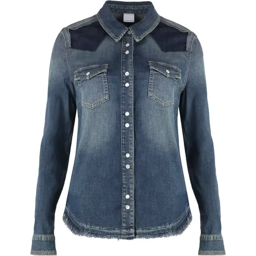 Denim Hemd mit Fransendetails , Damen, Größe: 2XS - pinko - Modalova