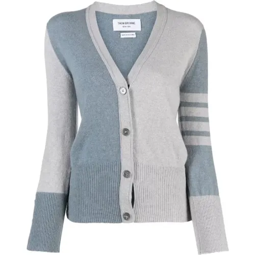 Grey V-Neck Cardigan with Stripe Detail , female, Sizes: 3XS, XS - Thom Browne - Modalova