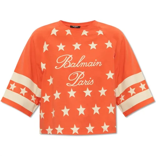 Gekürztes T-Shirt mit Logo , Damen, Größe: M - Balmain - Modalova