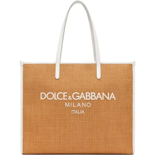 Neutral Raffia Shopping Bag with Logo , female, Sizes: ONE SIZE - Dolce & Gabbana - Modalova