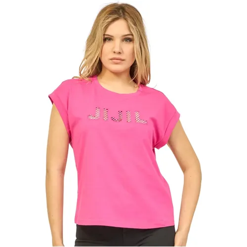 Fuchsia Cotton T-shirt with Rhinestone Logo , female, Sizes: XL, L, S, 2XS, M - Jijil - Modalova
