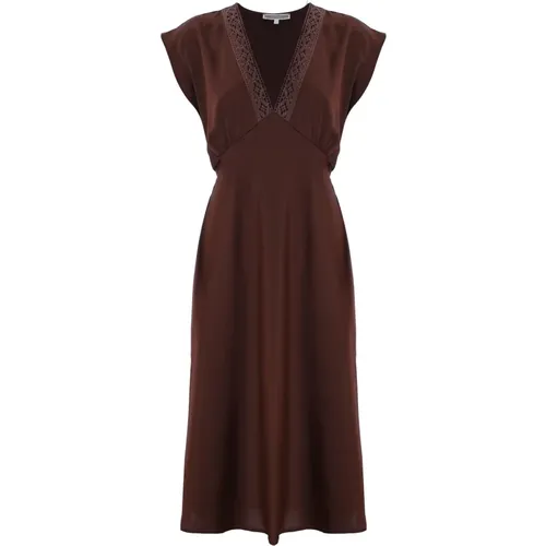 Midi-Kleid mit V-Ausschnitt und Spitzenverzierungen , Damen, Größe: XS - Kocca - Modalova