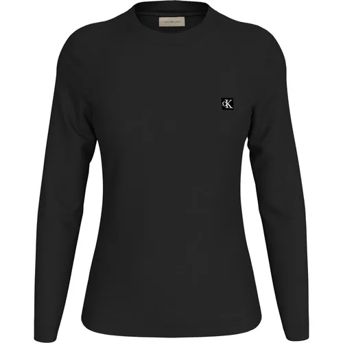 Schwarzer Pullover Rundhalsausschnitt Baumwolle Regular Fit , Damen, Größe: L - Calvin Klein - Modalova