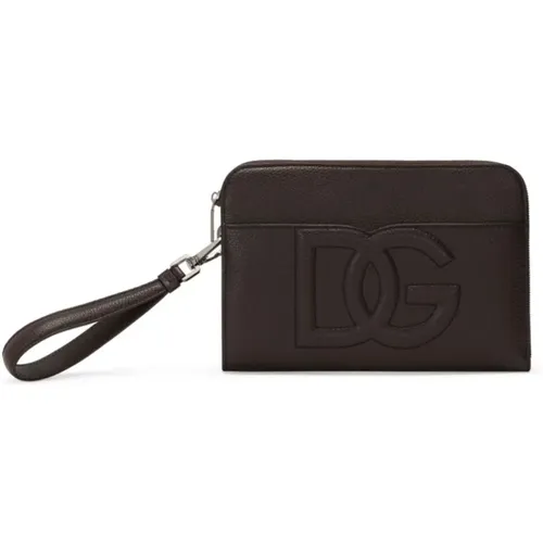 Embossed Logo Marrone Leather Wristlet Bag , female, Sizes: ONE SIZE - Dolce & Gabbana - Modalova