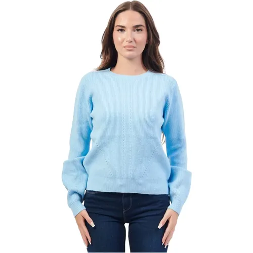 Blauer Crewneck Pullover mit Ärmelapplikationen , Damen, Größe: M - Fracomina - Modalova