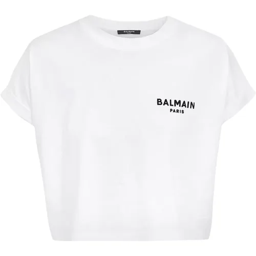 Kurzes Paris T-Shirt mit beflocktem Print - Balmain - Modalova