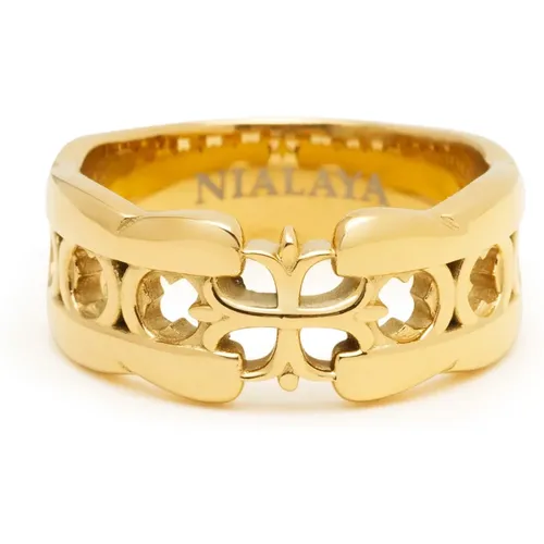Cross Band Ring with Gold Plating , male, Sizes: 56 MM, 58 MM, 64 MM, 62 MM, 60 MM - Nialaya - Modalova