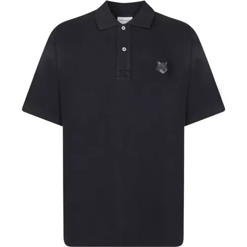 Schwarzes Baumwoll-Poloshirt Klassischer Kragen , Herren, Größe: L - Maison Kitsuné - Modalova