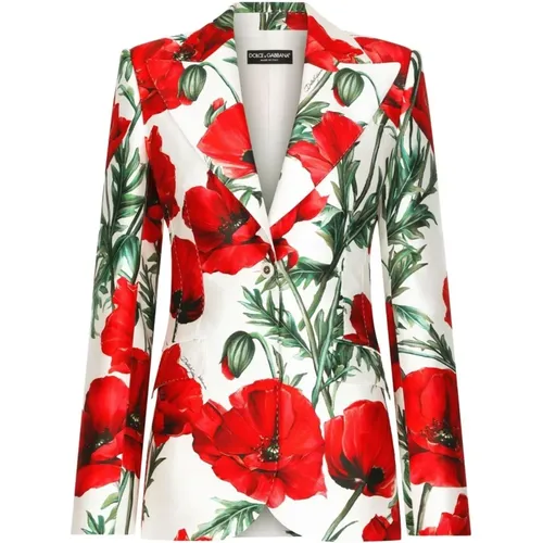 Poppy-Print Double-Breasted Blazer , female, Sizes: S, XS - Dolce & Gabbana - Modalova