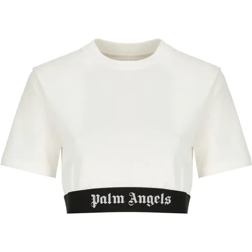 Weiße Baumwoll-T-Shirt mit Logo-Elastik , Damen, Größe: S - Palm Angels - Modalova