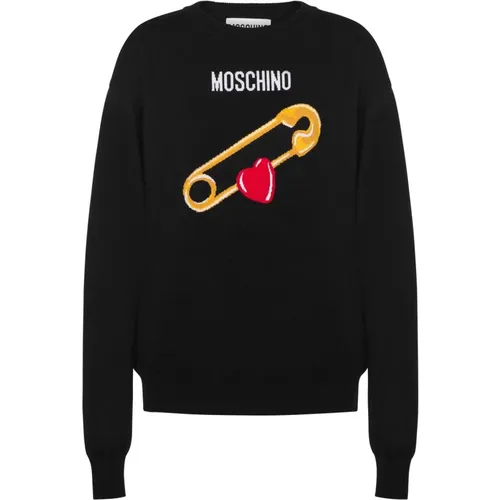 Merinowollpullover Schwarz Muster , Damen, Größe: S - Moschino - Modalova