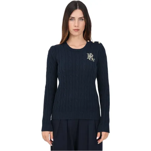 Blauer Crew-Neck Pullover mit Dekorativen Knöpfen , Damen, Größe: S - Ralph Lauren - Modalova