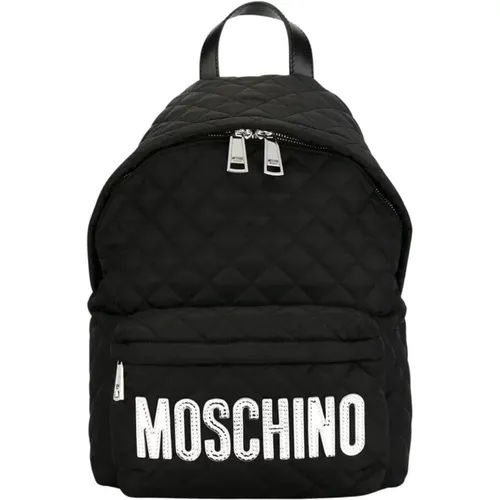 Schwarzer Rucksack mit doppeltem Reißverschluss und Logo-Plakette - Moschino - Modalova