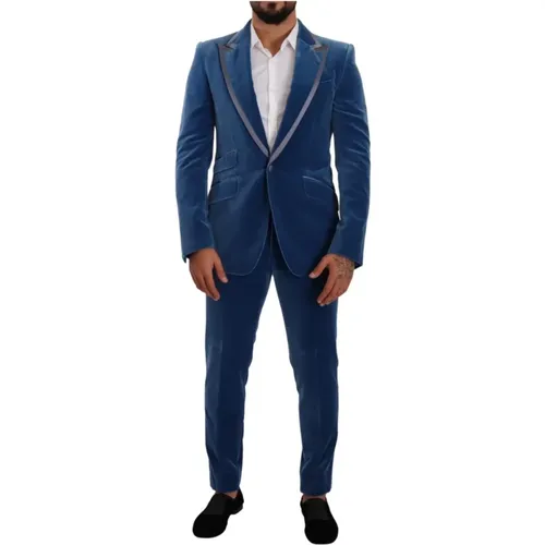 Blauer Samt Slim Fit 2-teiliger Anzug - Dolce & Gabbana - Modalova