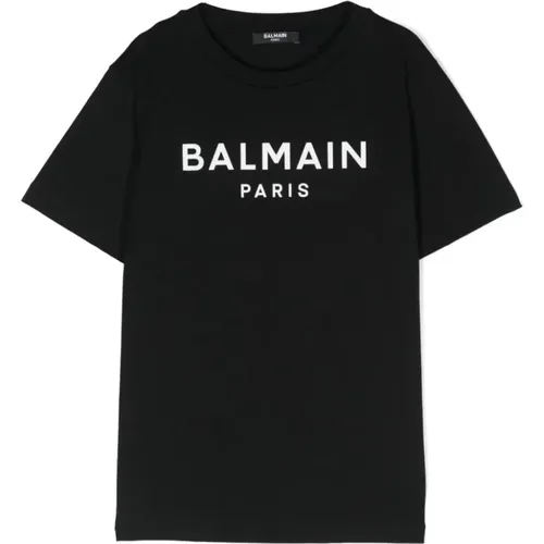Schwarzes Baumwoll-T-Shirt mit Logo-Print,Baumwoll-Jersey-Logo-Rundhals-T-Shirt - Balmain - Modalova