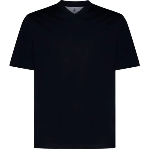 Blaue V-Ausschnitt T-Shirts und Polos - BRUNELLO CUCINELLI - Modalova