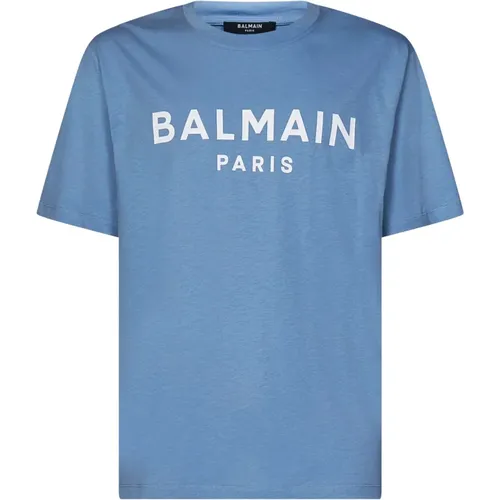 Blaues T-Shirt mit Logo-Print - Balmain - Modalova
