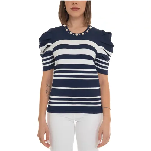 Striped Puff Sleeve T-shirt with Pearls , female, Sizes: L, XL - Liu Jo - Modalova