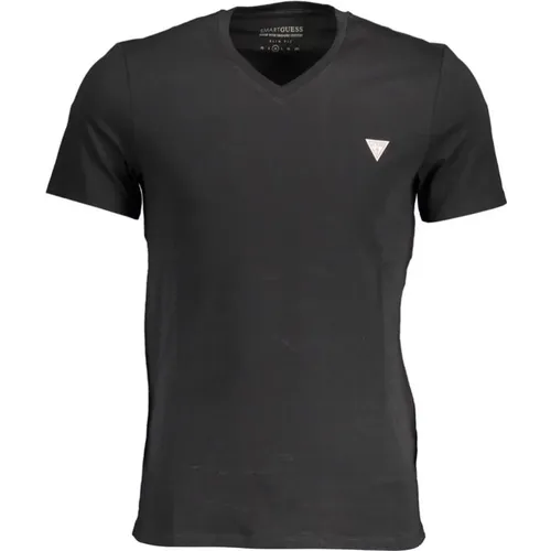 Schmales Logo V-Ausschnitt T-Shirt in Schwarz - Guess - Modalova