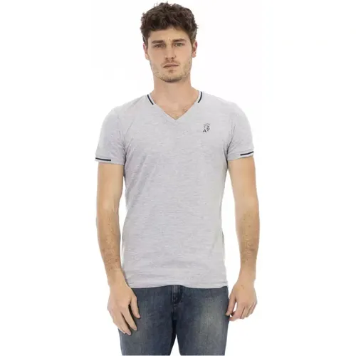 Graues V-Ausschnitt T-Shirt mit Stilvollem Brustdruck , Herren, Größe: 2XL - Trussardi - Modalova